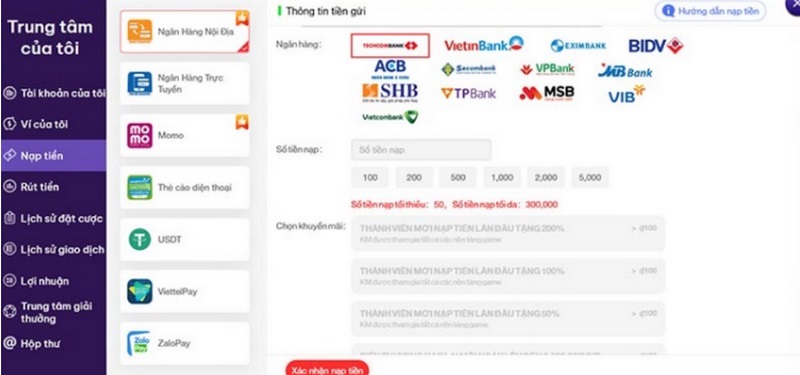 Nhà cái hỗ trợ đa dạng các phương thức nạp tiền cho thành viên